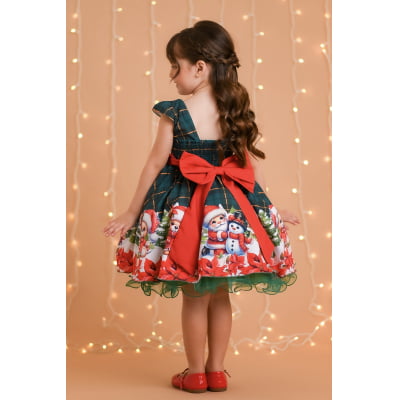 Vestido Infantil Verde Bandeira Xadrez Ursinhos Festas Natal