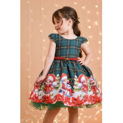 Vestido Infantil Verde Bandeira Xadrez Ursinhos Festas Natal