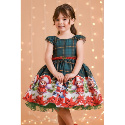Vestido Infantil Verde Bandeira Xadrez Ursinhos Festas Natal