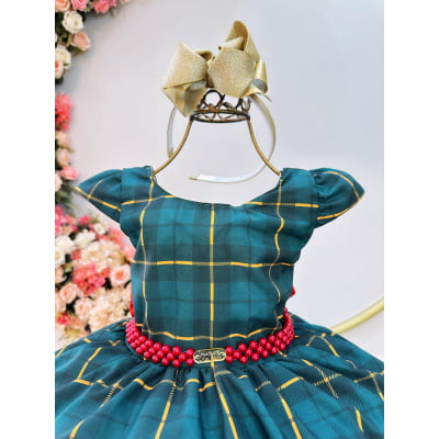 Vestido Infantil Verde Bandeira Xadrez Ursinhos Festas Natal
