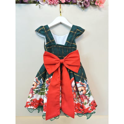 Vestido Infantil Verde Bandeira Xadrez Ursinhos Festas Natal