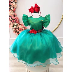 Vestido Infantil Verde C/ Broche de Flores Festas Natal