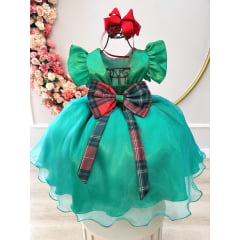 Vestido Infantil Verde C/ Broche de Flores Festas Natal