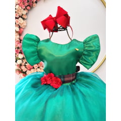 Vestido Infantil Verde C/ Broche de Flores Festas Natal