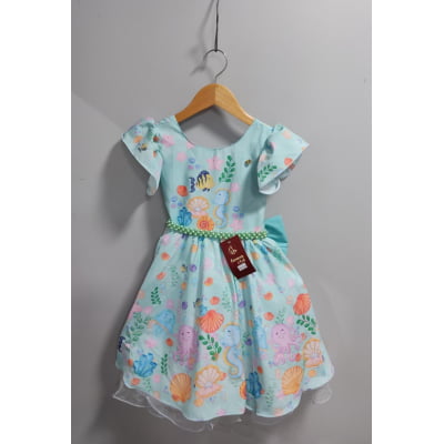 Vestido Infantil Verde Claro Fundo do Mar C/ Pérolas Festas