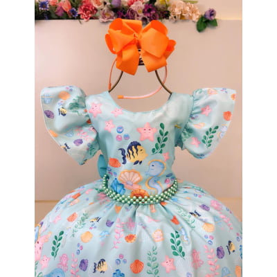 Vestido Infantil Verde Claro Fundo do Mar C/ Pérolas Festas