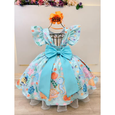 Vestido Infantil Verde Claro Fundo do Mar C/ Pérolas Festas