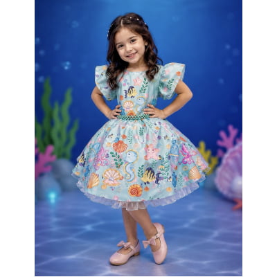 Vestido Infantil Verde Claro Fundo do Mar C/ Pérolas Festas Vestido Infantil Verde Claro Fundo do Mar C/ Pérolas Festas