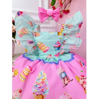 Vestido Infantil Verde Confeitaria de Doces Com Laço