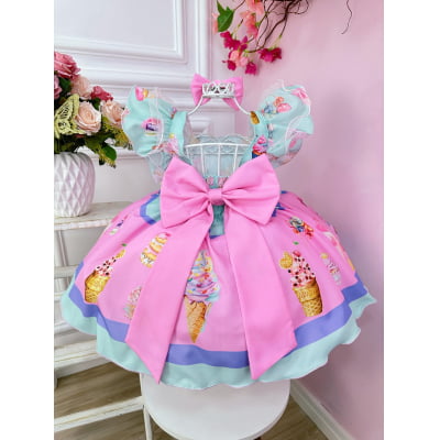 Vestido Infantil Verde Confeitaria de Doces Com Laço