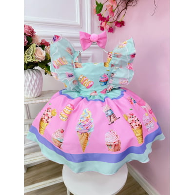 Vestido Infantil Verde Confeitaria de Doces Com Laço