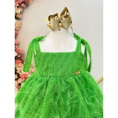 Vestido Infantil Verde de Alça e Com Plumas Luxo