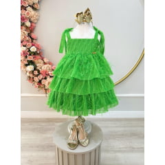 Vestido Infantil Verde de Alça e Com Plumas Luxo