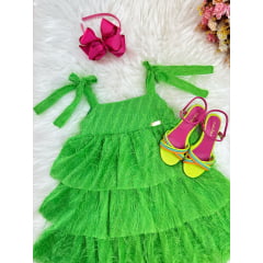 Vestido Infantil Verde de Alça e Com Plumas Luxo