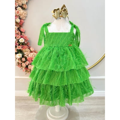 Vestido Infantil Verde de Alça e Com Plumas Luxo