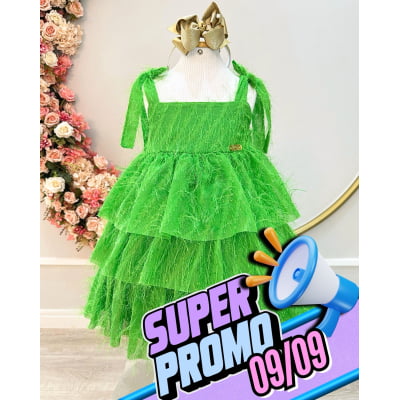 Vestido Infantil Verde de Alça e Com Plumas Luxo