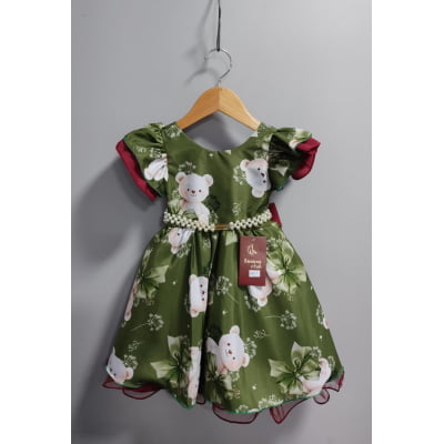 Vestido Infantil Verde e Marsala Ursinhos Festas Natal Luxo