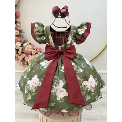 Vestido Infantil Verde e Marsala Ursinhos Festas Natal Luxo