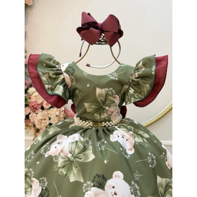 Vestido Infantil Verde e Marsala Ursinhos Festas Natal Luxo