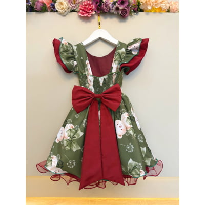 Vestido Infantil Verde e Marsala Ursinhos Festas Natal Luxo