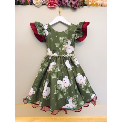 Vestido Infantil Verde e Marsala Ursinhos Festas Natal Luxo