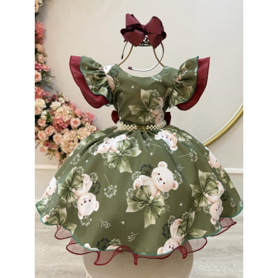 Vestido Infantil Verde e Marsala Ursinhos Festas Natal Luxo