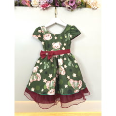 Vestido Infantil Verde e Marsala Ursinhos Natal Festas