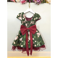 Vestido Infantil Verde e Marsala Ursinhos Natal Festas