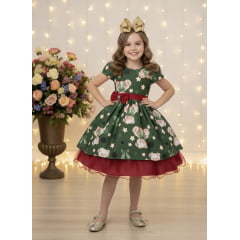 Vestido Infantil Verde e Marsala Ursinhos Natal Festas