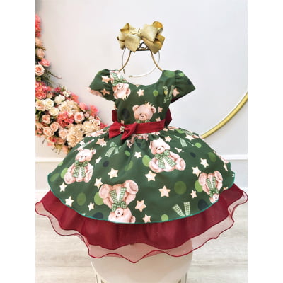 Vestido Infantil Verde e Marsala Ursinhos Natal Festas