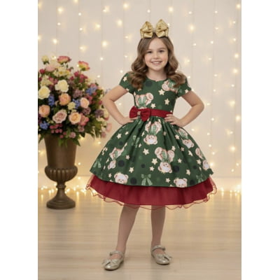 Vestido Infantil Verde e Marsala Ursinhos Natal Festas