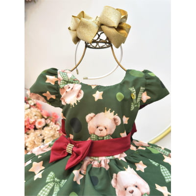 Vestido Infantil Verde e Marsala Ursinhos Natal Festas