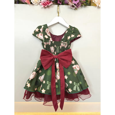 Vestido Infantil Verde e Marsala Ursinhos Natal Festas