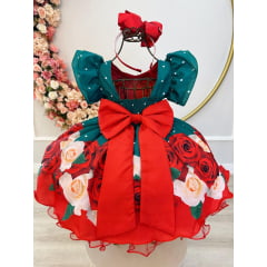 Vestido Infantil Verde Florido C/ Cinto Pérolas Natal Festas