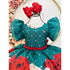 Vestido Infantil Verde Florido C/ Cinto Pérolas Natal Festas
