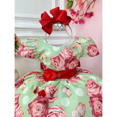 Vestido Infantil Verde Jardim das Borboletas C/ Broche