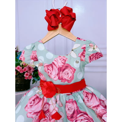 Vestido Infantil Verde Jardim das Borboletas C/ Broche