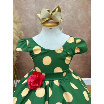 Vestido Infantil Verde Militar C/ Broche de Flor Festas