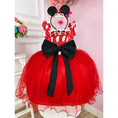 Vestido Infantil Vermelho Bolinhas C/ Broche Strass Luxo
