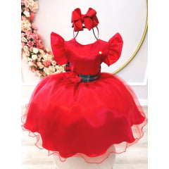 Vestido Infantil Vermelho C/ Broche de Flores Festas Natal