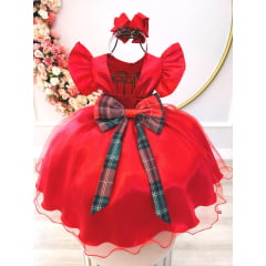 Vestido Infantil Vermelho C/ Broche de Flores Festas Natal