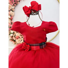 Vestido Infantil Vermelho C/ Broche de Flores Natal Festas