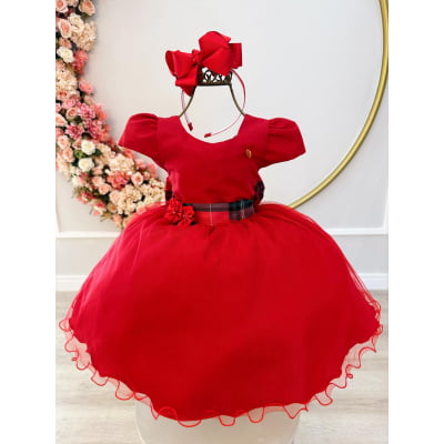 Vestido Infantil Vermelho C/ Broche de Flores Natal Festas