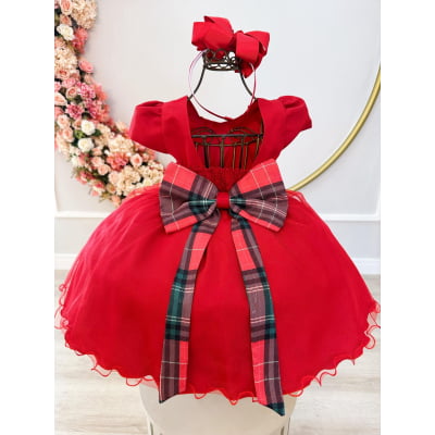Vestido Infantil Vermelho C/ Broche de Flores Natal Festas