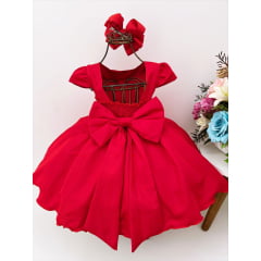 Vestido Infantil Vermelho C/ Laço Strass Luxo