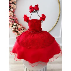 Vestido Infantil Vermelho C/ Renda e Perolas Natal Festa