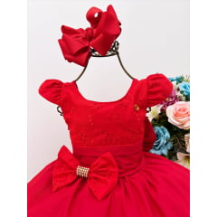 Vestido Infantil Vermelho C/ Renda Laço Strass Luxo