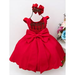 Vestido Infantil Vermelho C/ Renda Laço Strass Luxo