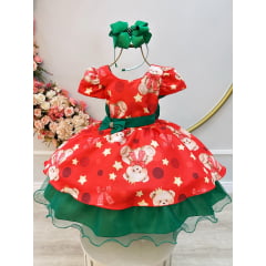 Vestido Infantil Vermelho e Verde Ursinhos Natal Festas