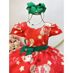 Vestido Infantil Vermelho e Verde Ursinhos Natal Festas